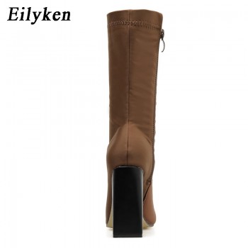 Eilyken Fashion Brown Elastic ZIP Ankle Boots Chunky High Heels Stretch Women Autumn Sexy Booties Pointed Toe Women Pumps Boots